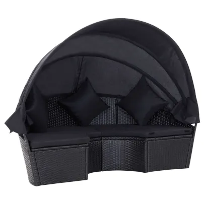 Pat Șezlong cu Baldachin Exterior - Negru, Poliratan