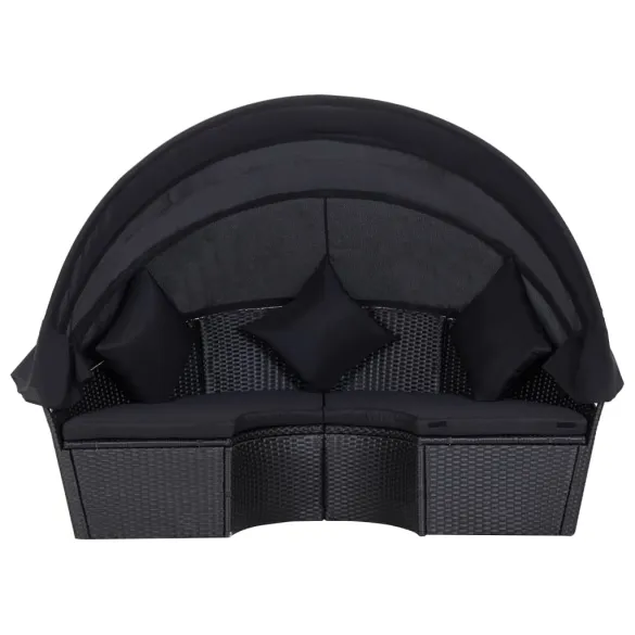 Pat Șezlong cu Baldachin Exterior - Negru, Poliratan