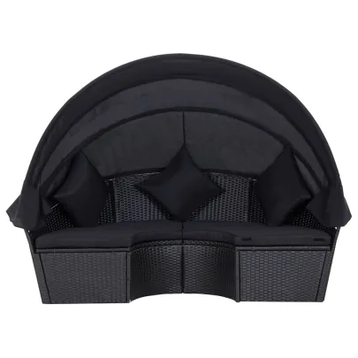 Pat Șezlong cu Baldachin Exterior - Negru, Poliratan