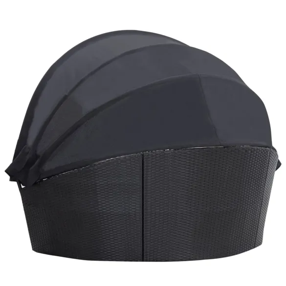 Pat Șezlong cu Baldachin Exterior - Negru, Poliratan