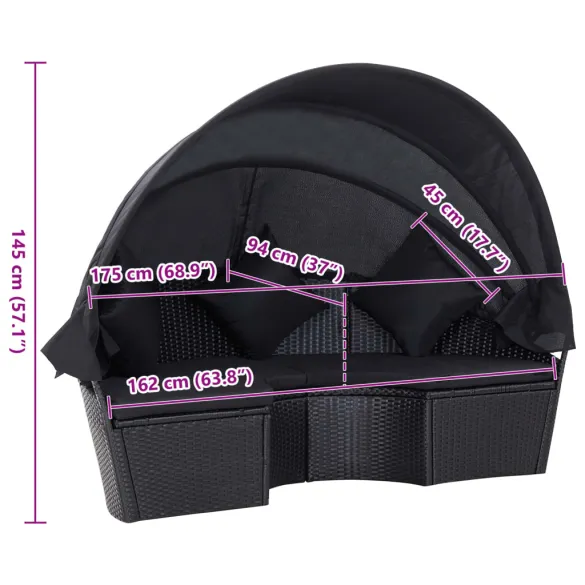 Pat Șezlong cu Baldachin Exterior - Negru, Poliratan