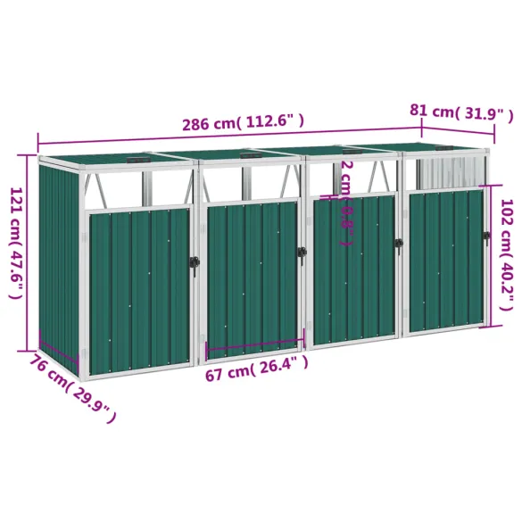 Magazie Pubele 4 Compartimente Verde - Oțel | Livrare Gratuită