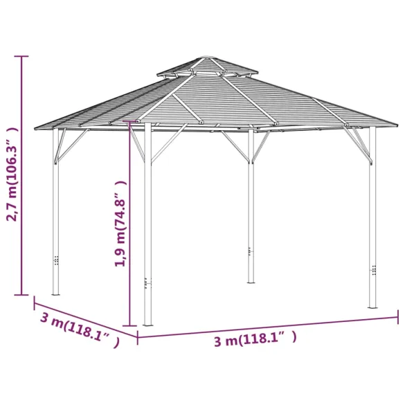 Pavilion Gradină Antracit 3x3m - Acoperiș Dublu | Livrare Gratuită