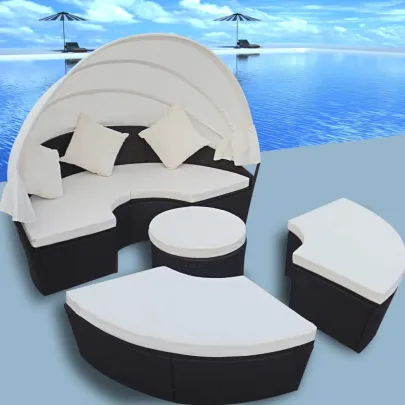 Pat Șezlong cu Baldachin - Negru - Poliratan | Livrare Gratuită