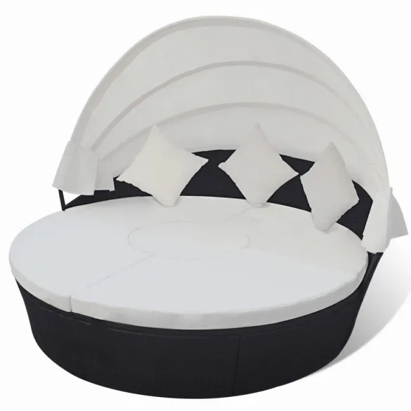 Pat Șezlong cu Baldachin - Negru - Poliratan | Livrare Gratuită