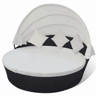 Pat Șezlong cu Baldachin - Negru - Poliratan | Livrare Gratuită