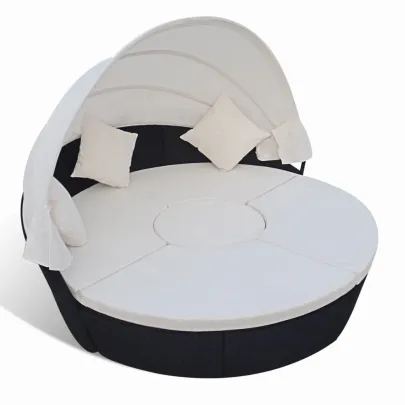 Pat Șezlong cu Baldachin - Negru - Poliratan | Livrare Gratuită