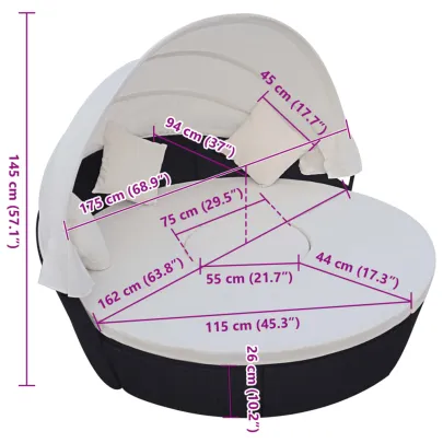 Pat Șezlong cu Baldachin - Negru - Poliratan | Livrare Gratuită