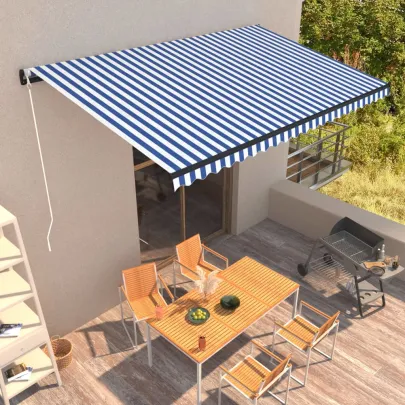 Copertină Retractabilă Manuală 5x3m - Albastru și Alb