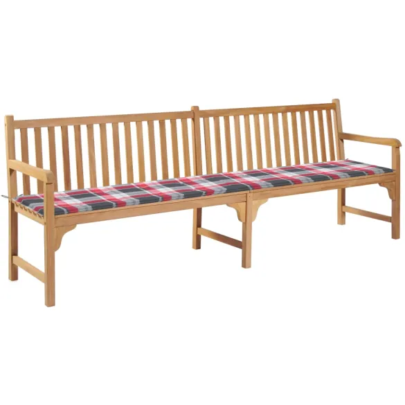 Bancă Grădină Lemn Masiv Tec 240 cm cu Pernă Carouri Roșii