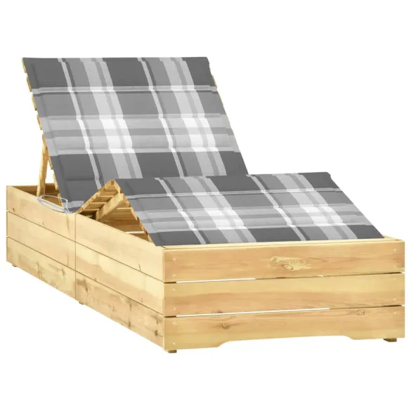 Șezlong cu Pernă Gri Carouri - Lemn de Pin Tărtat