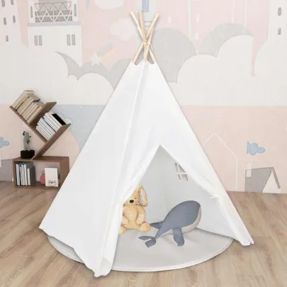 Cort Teepee Copii cu Geantă Transport - Alb, 120x120x150 cm