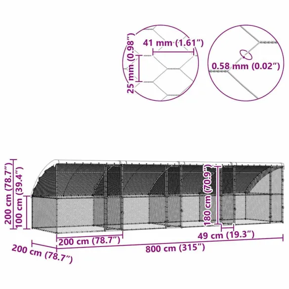 Cușcă Pui Oțel Galvanizat 800x200x198.5cm | Livrare Gratuită