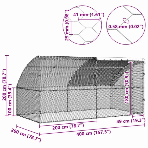 Cușcă Găini Exterior Oțel Zincat 400x200x198.5 cm