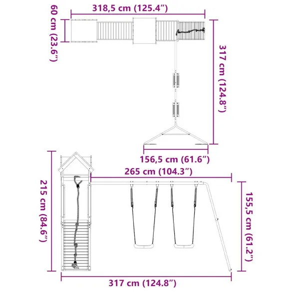 Set joacă exterior lemn masiv pin - Cadru cățărat cu leagăn