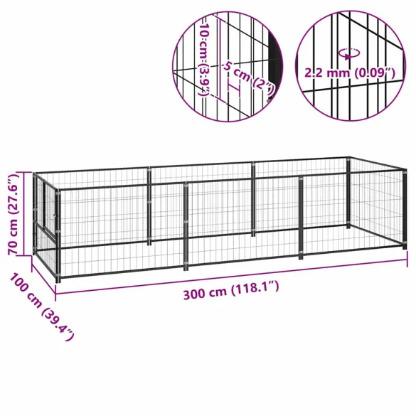 Padoc Câini Oțel Negru 300x100x70 cm | Livrare Gratuită