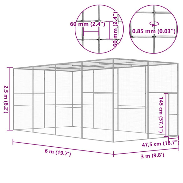 Cușcă Pisici Exterior 6x3x2,5m - Oțel Galvanizat Rezistent