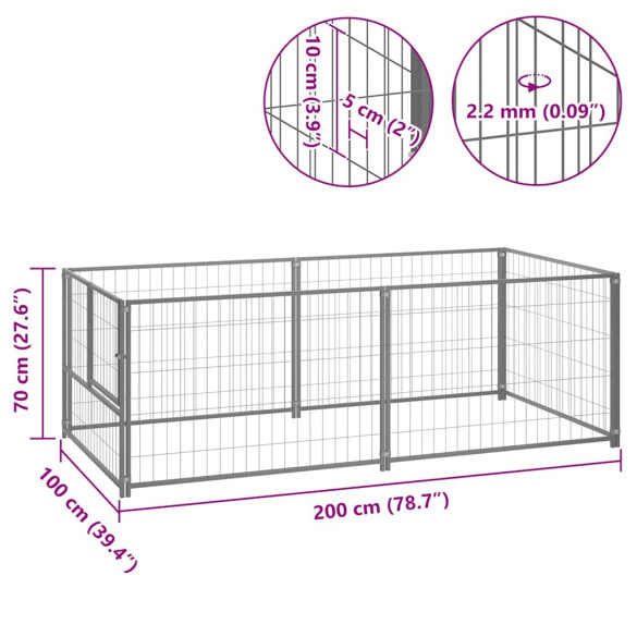 Padoc Câini Mare 200x100x70 cm - Oțel Argintiu - Livrare Gratuită