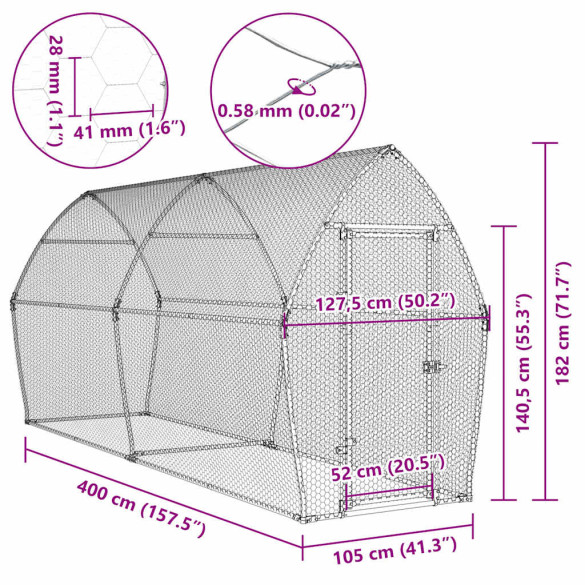 Coteț Păsări Oțel Galvanizat - 400x105x182 cm - Livrare Gratuită