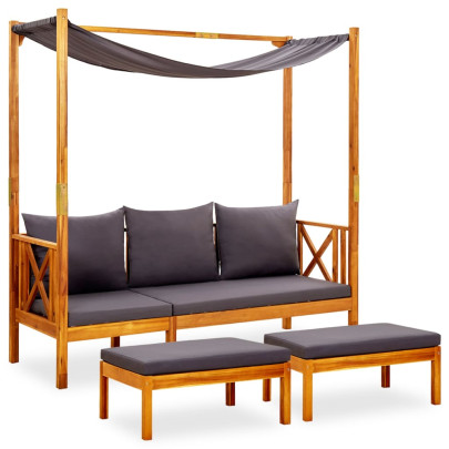 Set Bancă Grădină cu Copertină și Taburete - Lemn Acacia