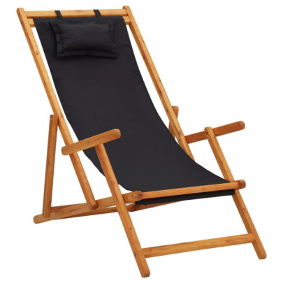 Scaun de plajă pliabil - negru - lemn masiv de eucalipt - textil