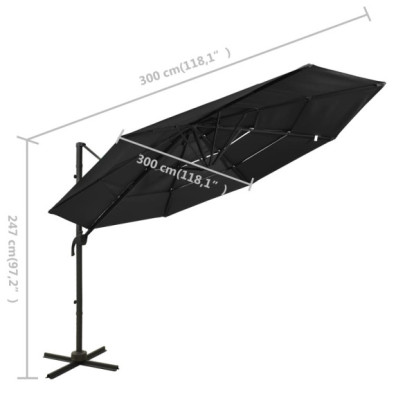 Umbrelă de soare 4 niveluri - Aluminiu - 3x3 m - Negru