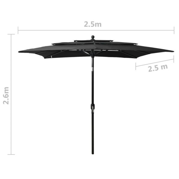 Umbrelă de soare 3 niveluri - Aluminiu - Negru - 2,5x2,5 m