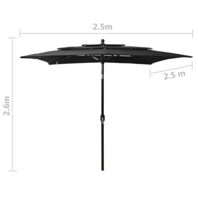 Umbrelă de soare 3 niveluri - Aluminiu - Negru - 2,5x2,5 m